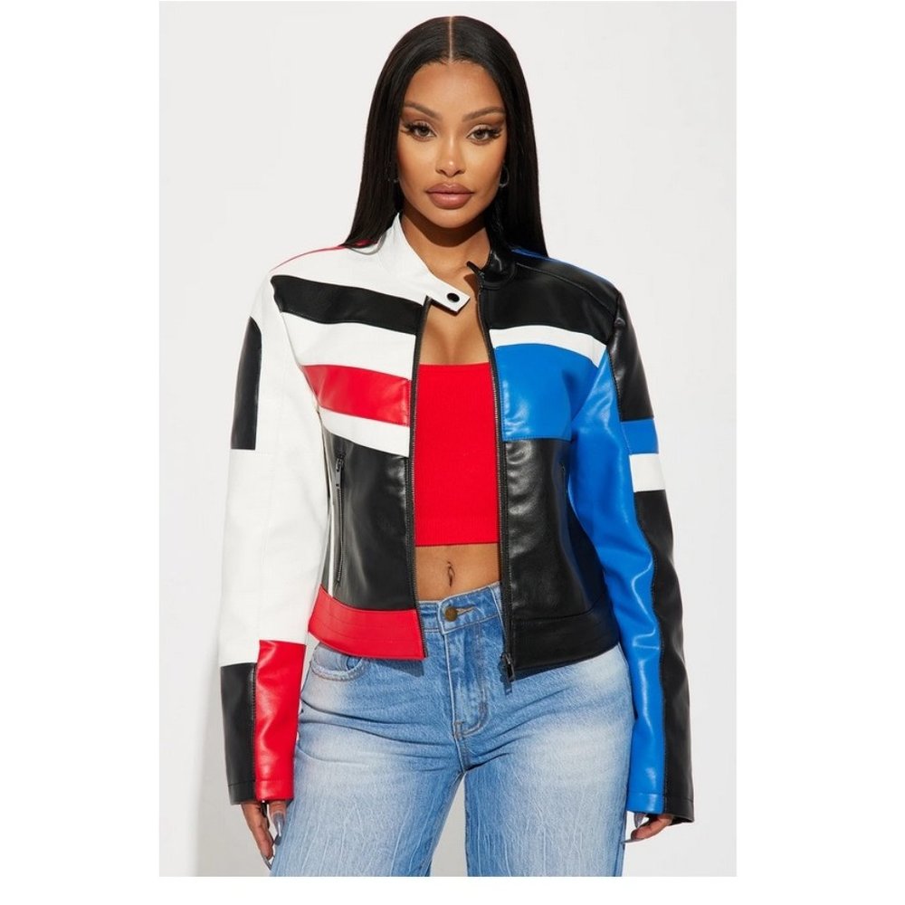 Moto Racer Faux Leather Jacket Multi Color